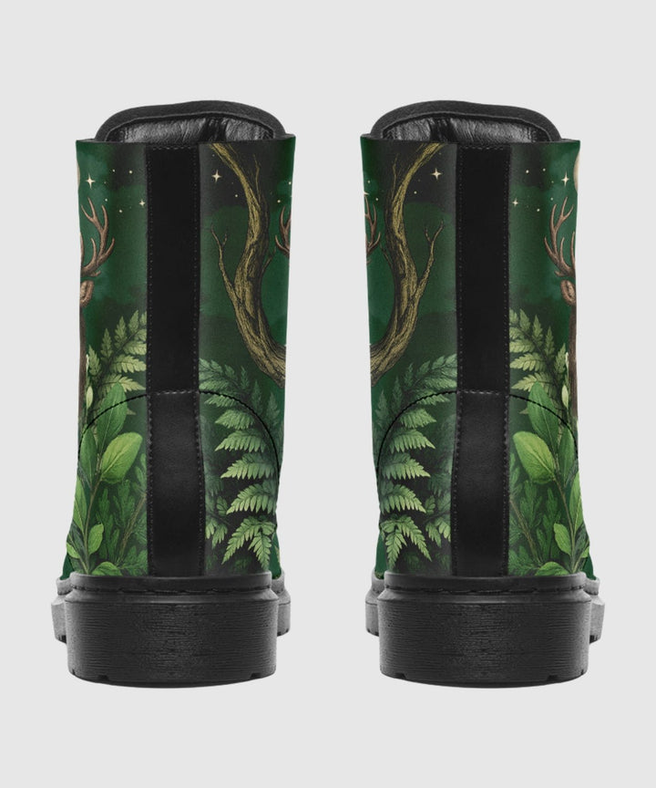 Artemis Boots show green forest print with black side panels and gold tree artwork.
