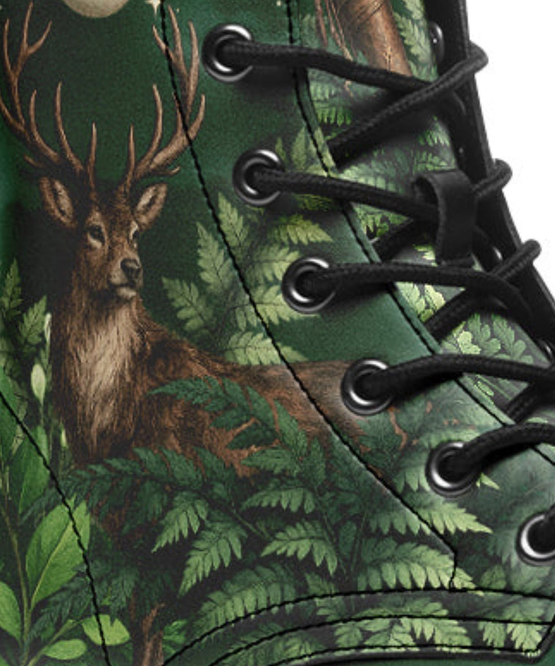 Artemis Boots feature green camouflage fabric with black eyelet laces and stitching detail.