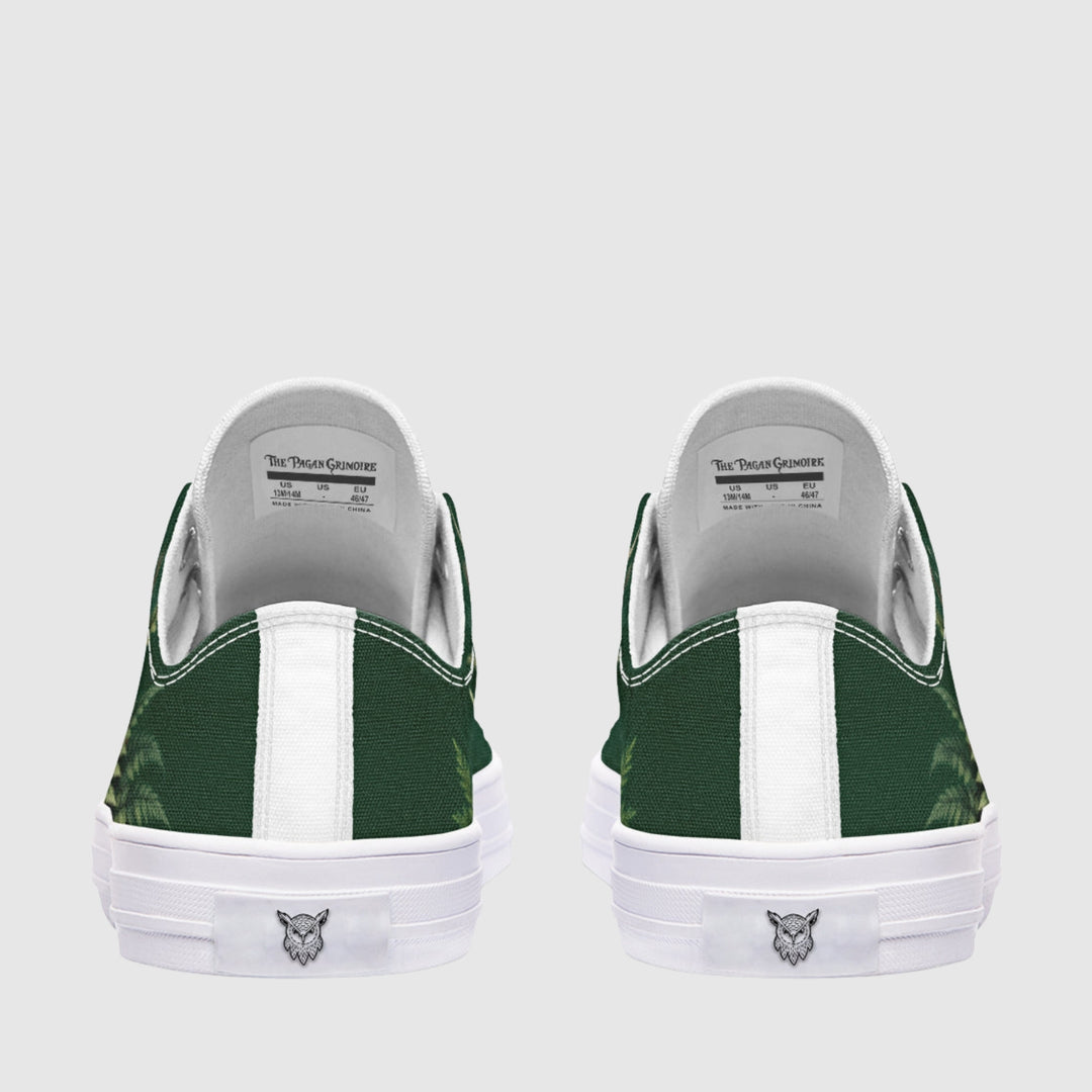 Artemis Low Tops back view, green canvas with white stripe and stitching.