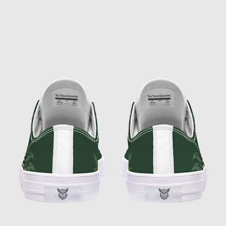 Artemis Low Tops back view, green canvas with white stripe and stitching.