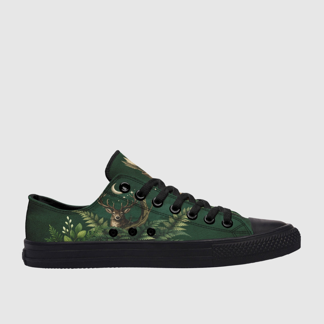 Artemis Low Tops in deep green with deer and forest print, black laces.