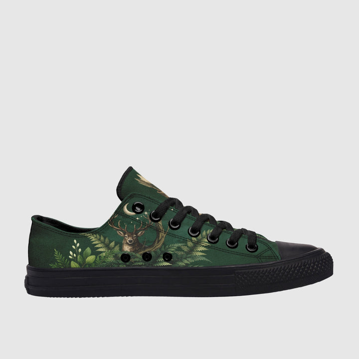 Artemis Low Tops in deep green with deer and forest print, black laces.