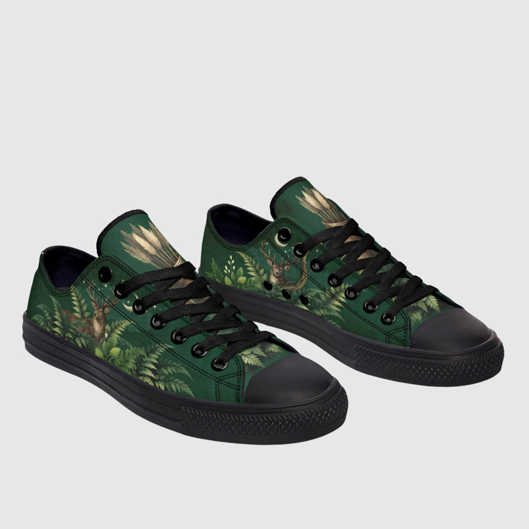 Artemis Low Tops in green canvas with deer and forest print, black laces.