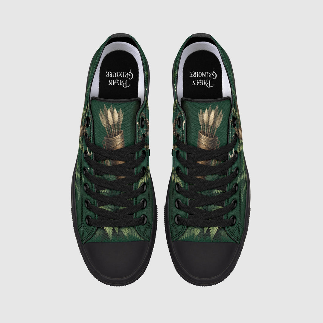 Artemis Low Tops show green fabric with wheat graphic, black laces, toe caps.