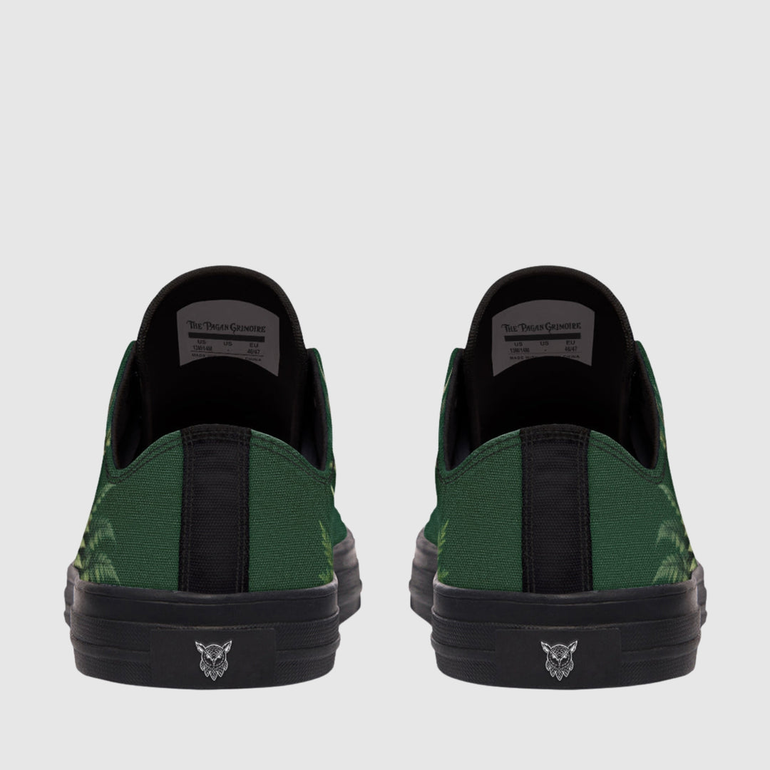 Artemis Low Tops show green canvas backs with black rubber soles.