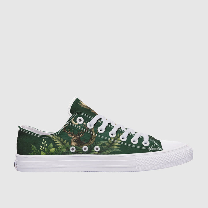 Artemis Low Tops in deep green with deer and foliage print, white laces.
