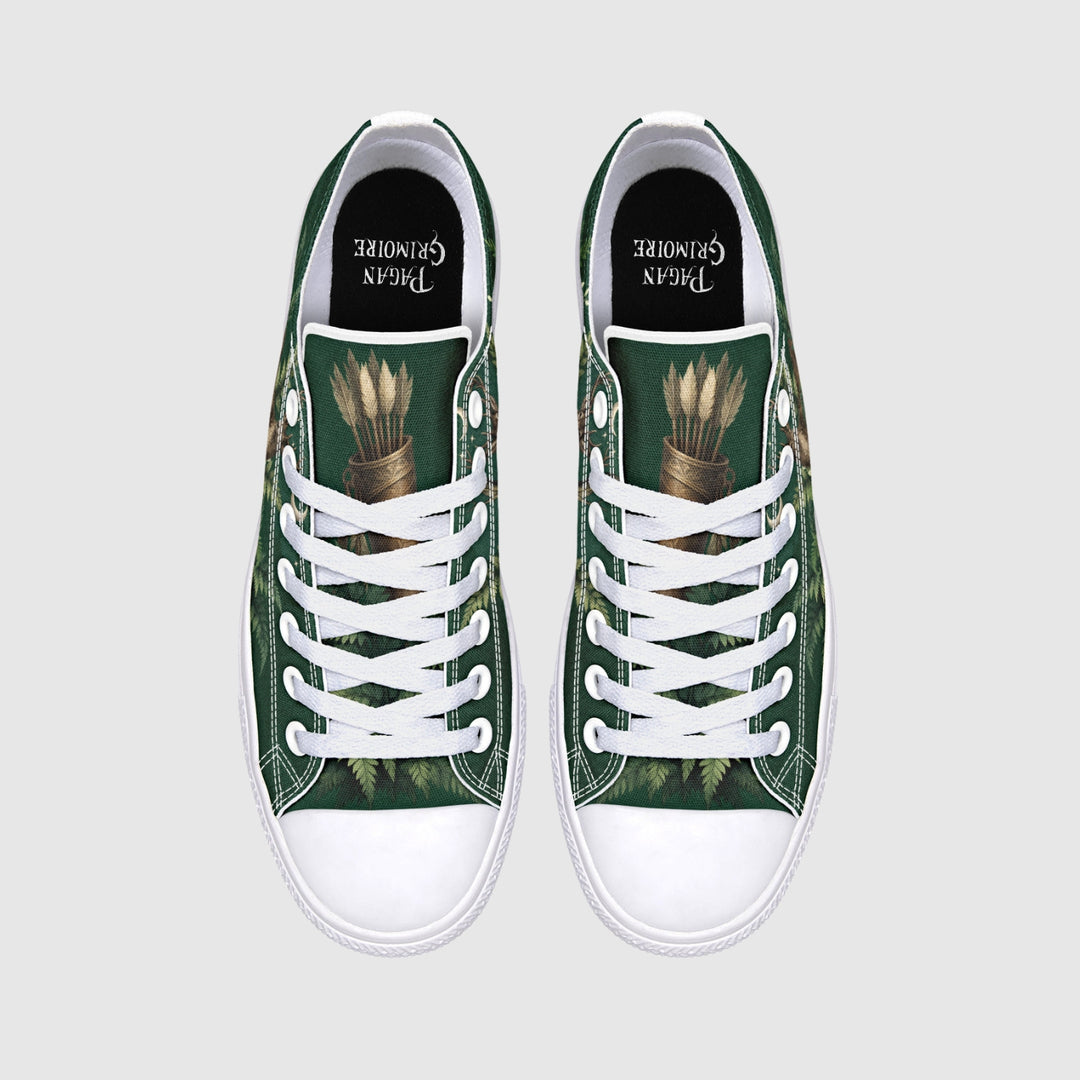 Artemis Low Tops show green canvas with wheat graphic and white laces.