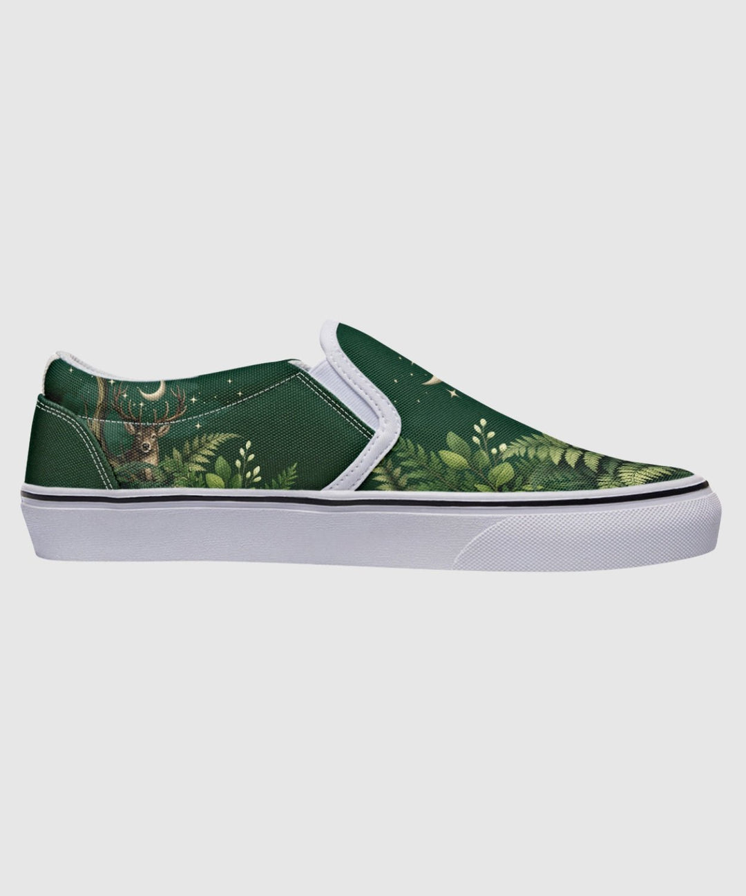 Artemis Slip On Shoes in green deer and star print, white trim.