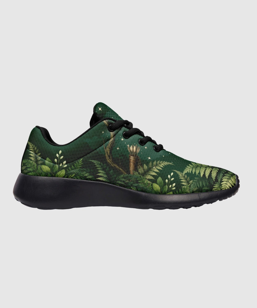Artemis Sneakers in green with forest print, black laces, cushioned sole.