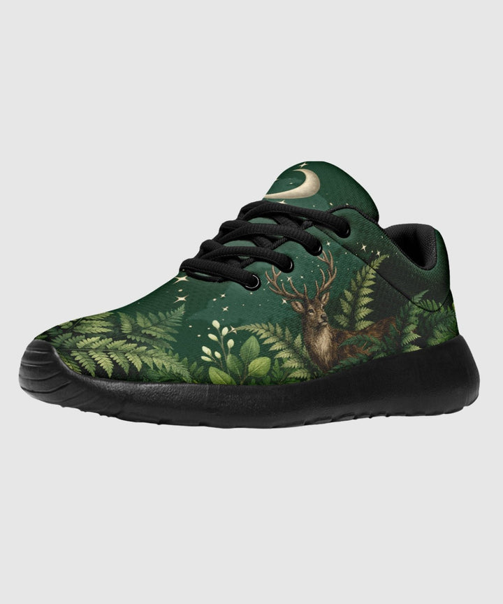 Artemis Sneakers in deep green with black laces, forest print, moon detail.