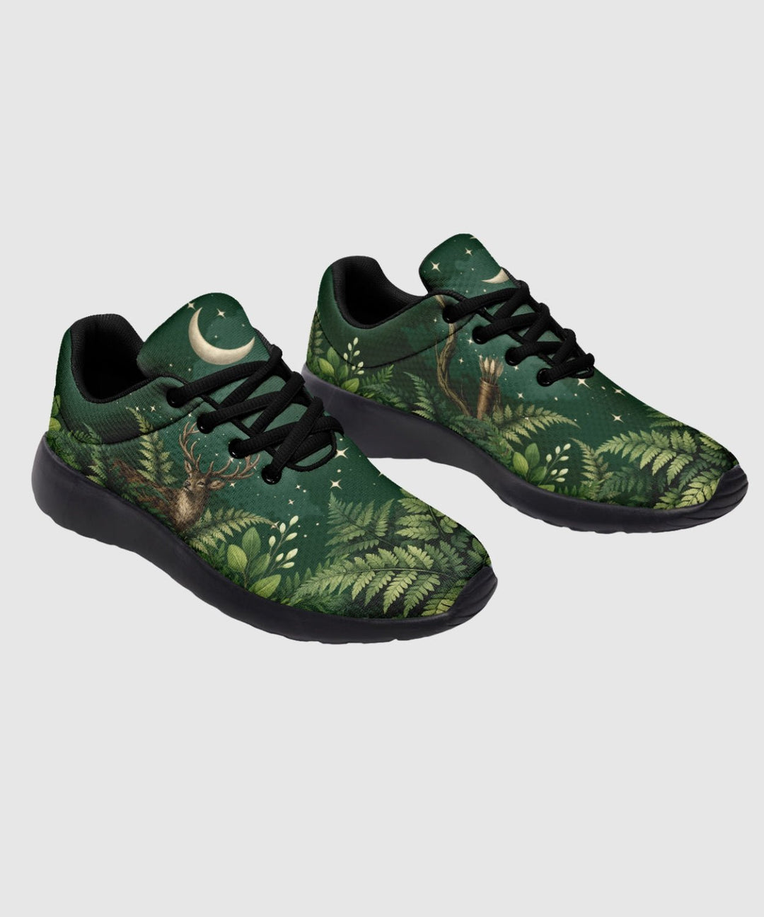 Artemis Sneakers in green with moon and forest print, black laces.