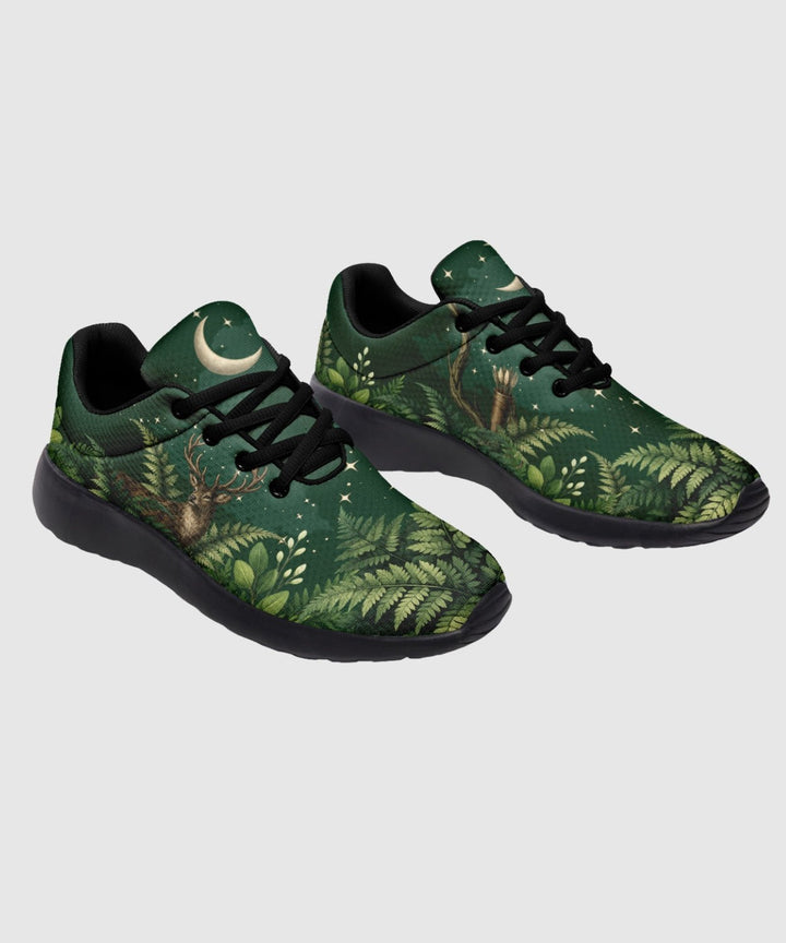 Artemis Sneakers in green with moon and forest print, black laces.