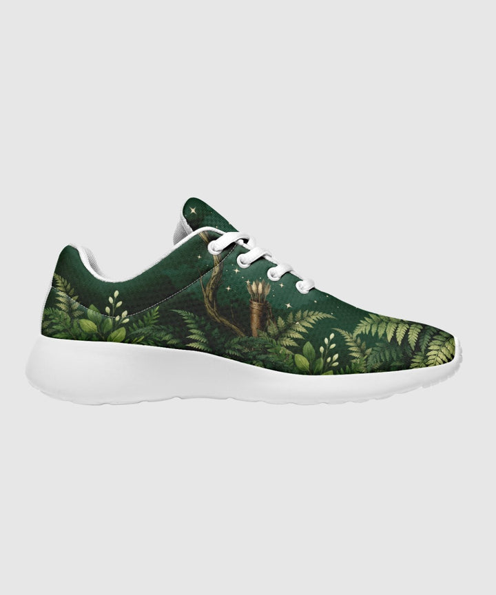 Artemis Sneakers in deep green with forest print, white laces, side view.