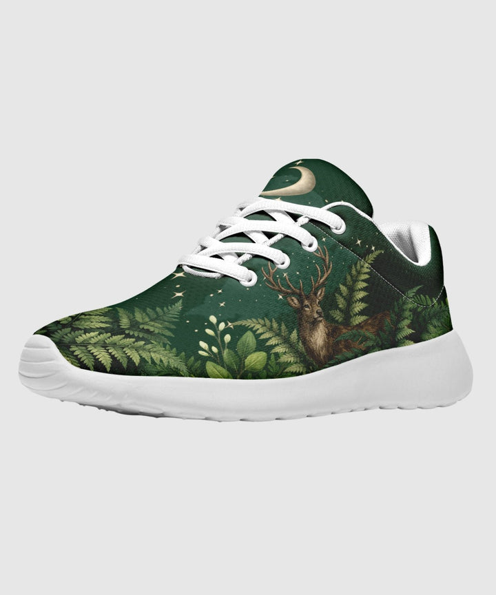Artemis Sneakers in green with woodland print, white laces, side profile view.