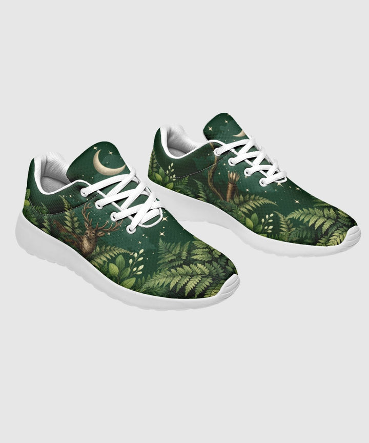 Artemis Sneakers show green forest print, white laces, and moon detail.