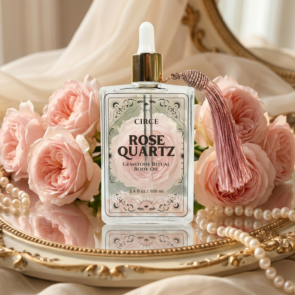 Circe Rose Quartz body oil bottle with pink roses and pearls on a decorative tray