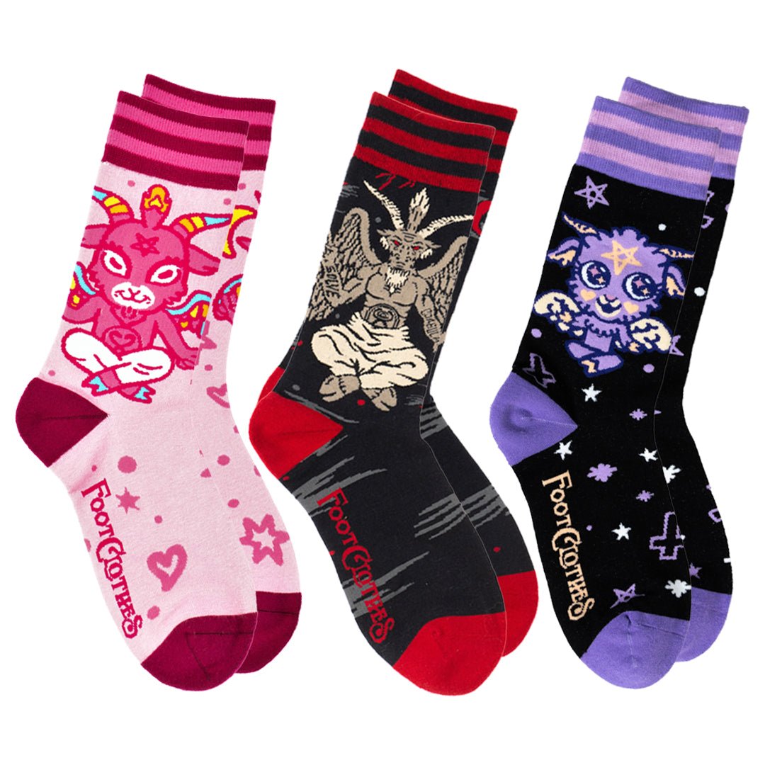 Ultimate Baphomet ankle and crew sock pack, six designs shown side-by-side.