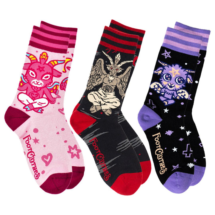 Ultimate Baphomet ankle and crew sock pack, six designs shown side-by-side.