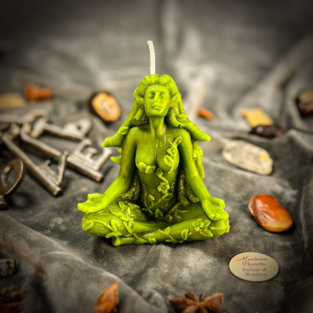 Beeswax Forest Fairy Spell Candle, vivid green figure with raised white flame.