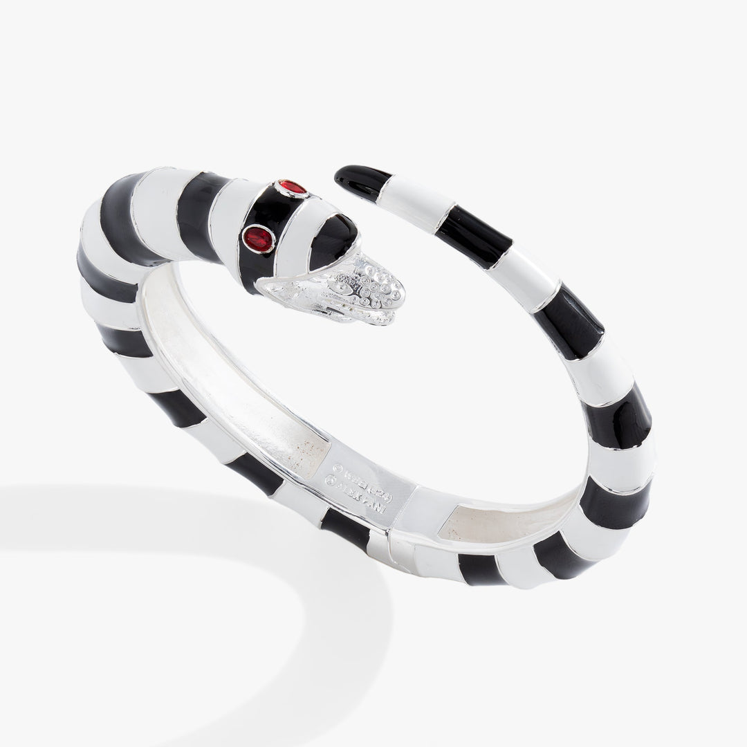 Black and white striped bracelet with red accents on a white background