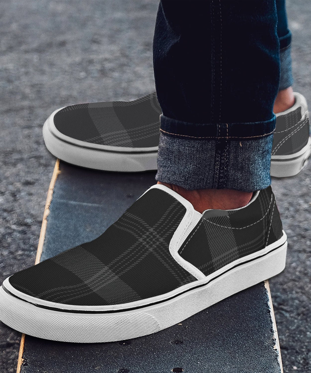 Black and Grey Plaid Slip Ons - The Pagan Grimoire