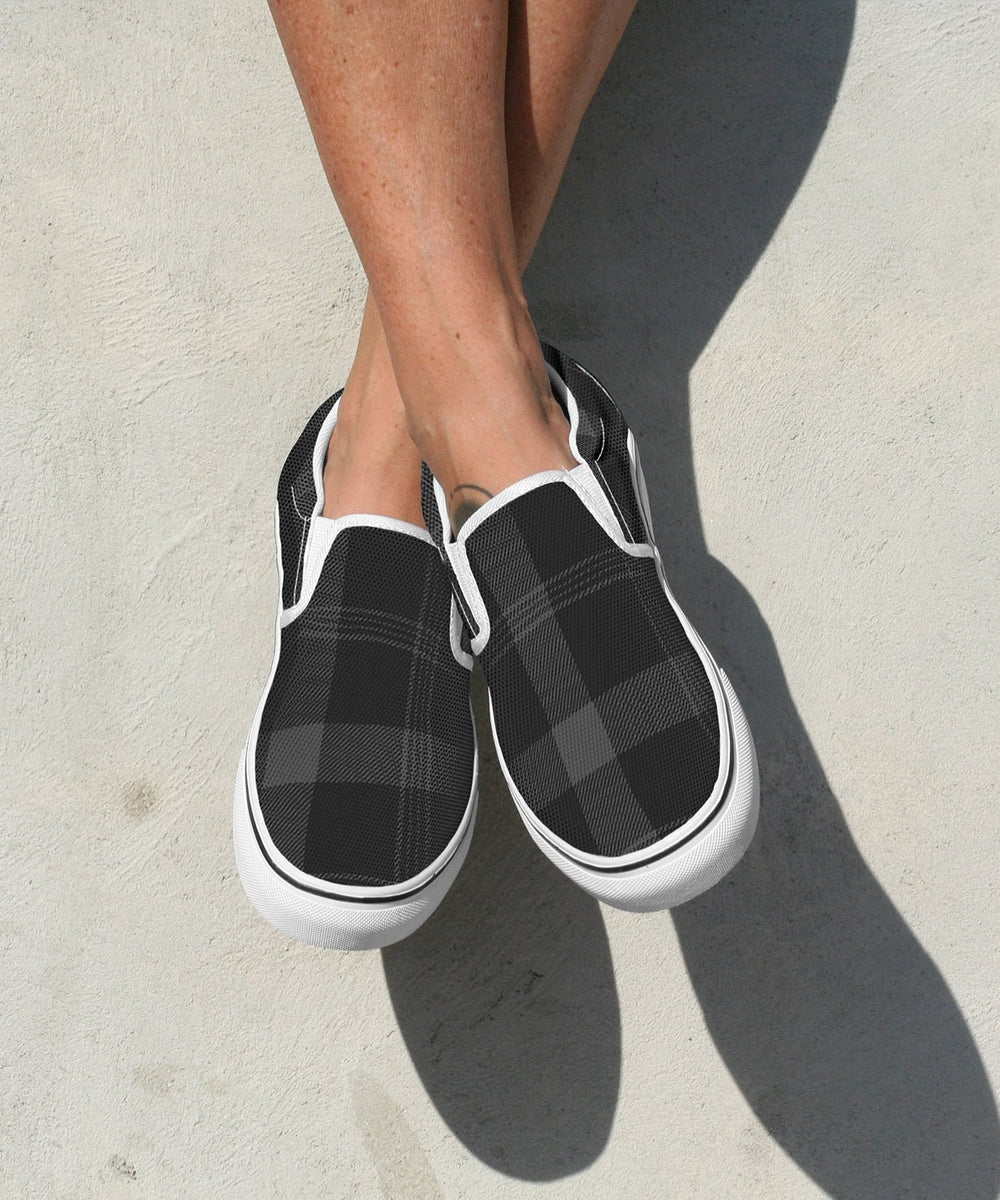 Black and Grey Plaid Slip Ons - The Pagan Grimoire