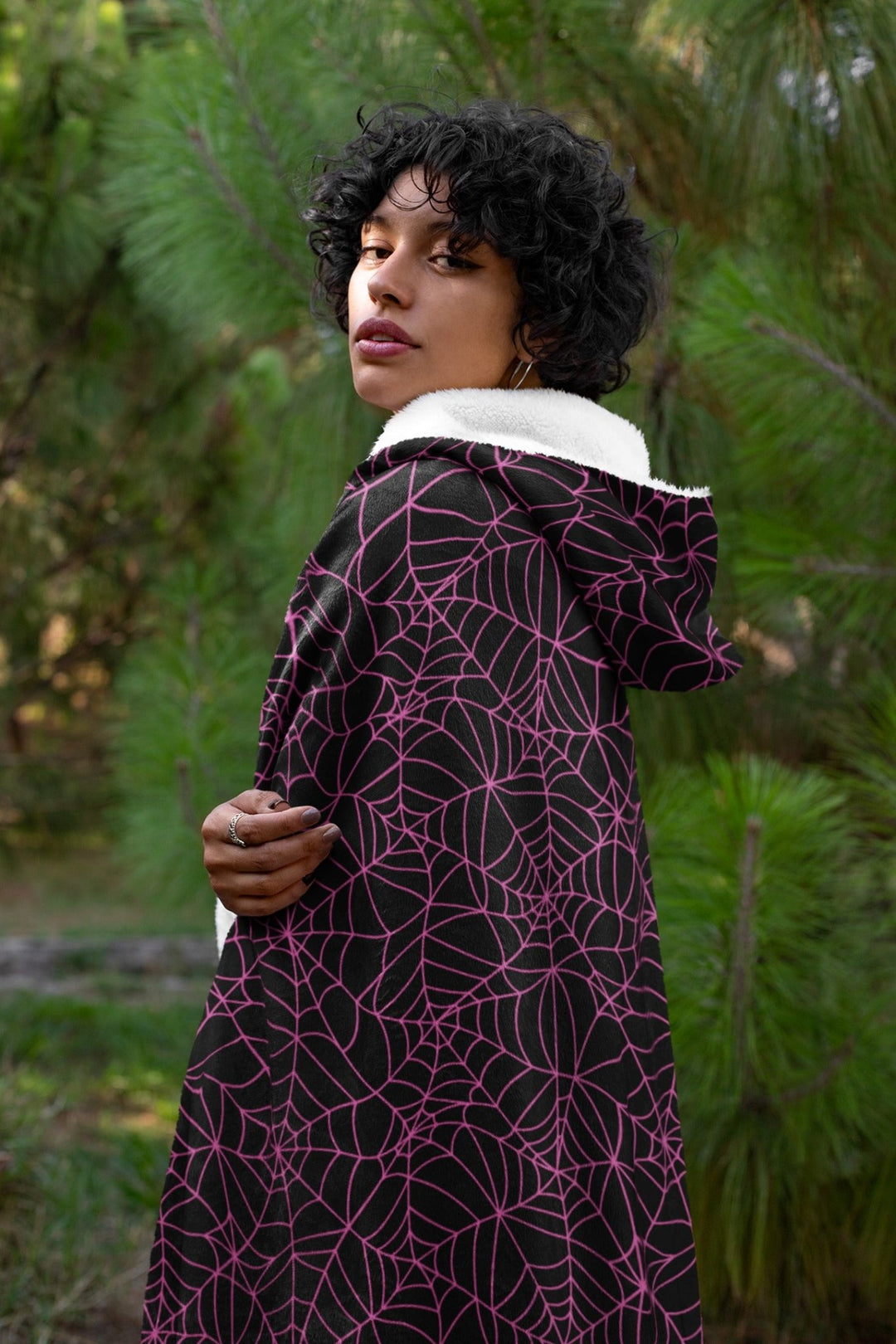 Black and Pink Spiderweb Hooded Blanket - The Pagan Grimoire