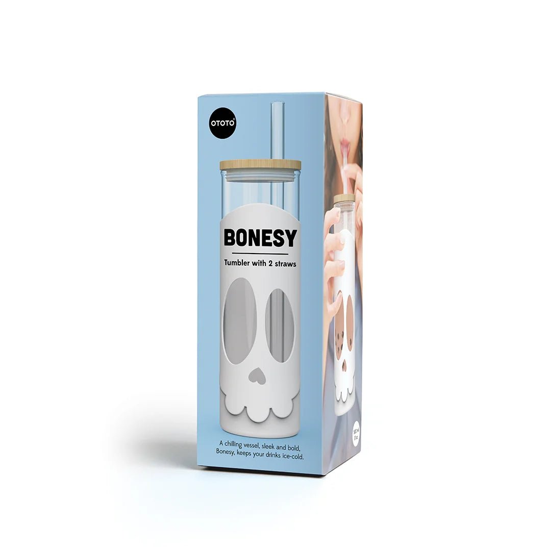 Bonesy tumbler packaging with blue background