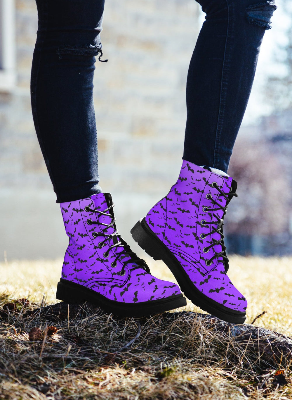 Purple Nocturne Bat Combat Boots - The Pagan Grimoire