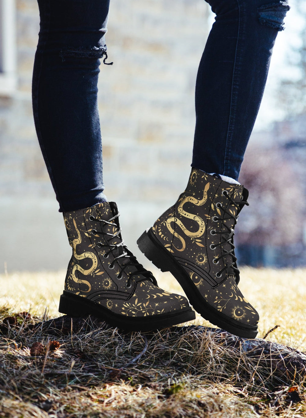 Boho Golden Snake Combat Boots - The Pagan Grimoire