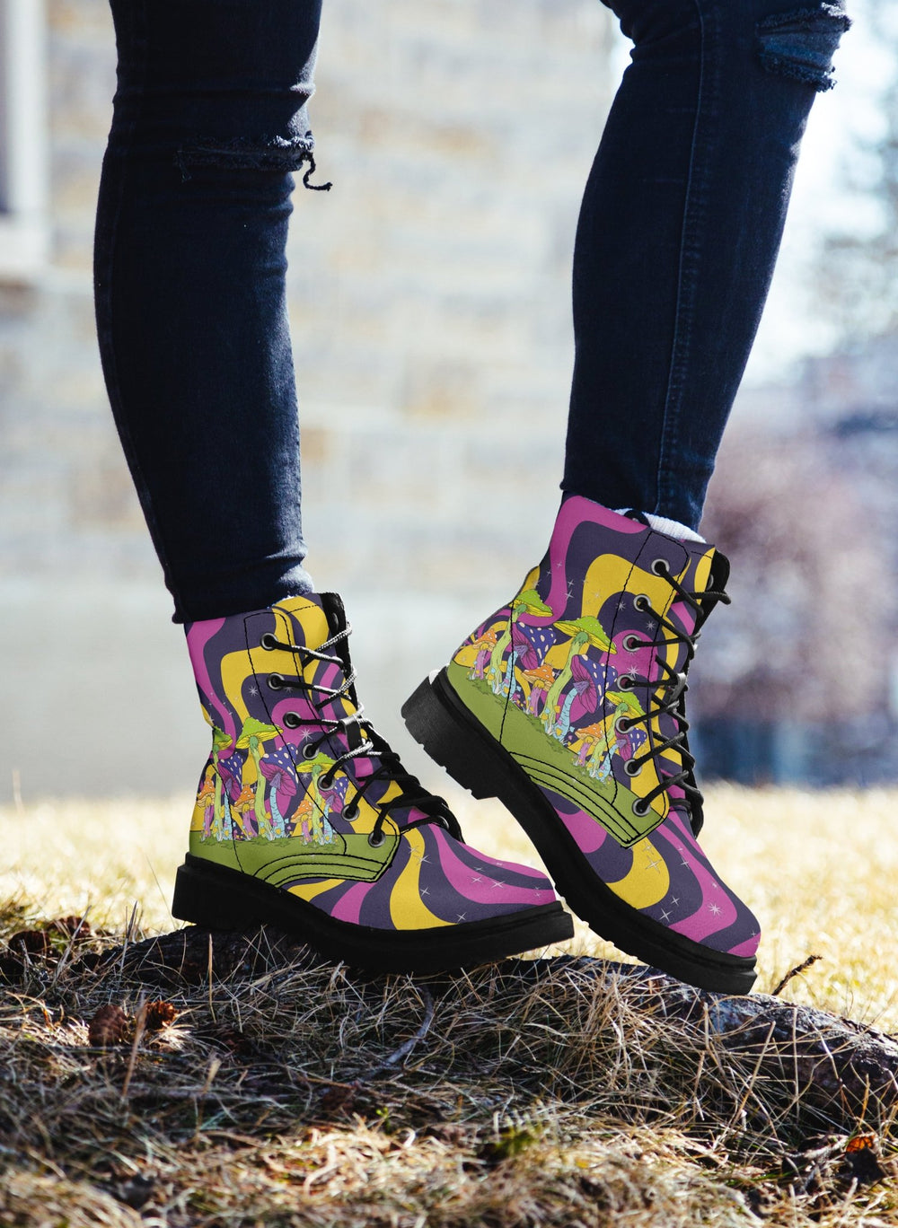 Neon Mushroom Combat Boots - The Pagan Grimoire
