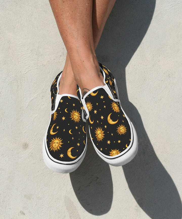 Celestial Sun Moon and Stars Slip On Shoes - The Pagan Grimoire