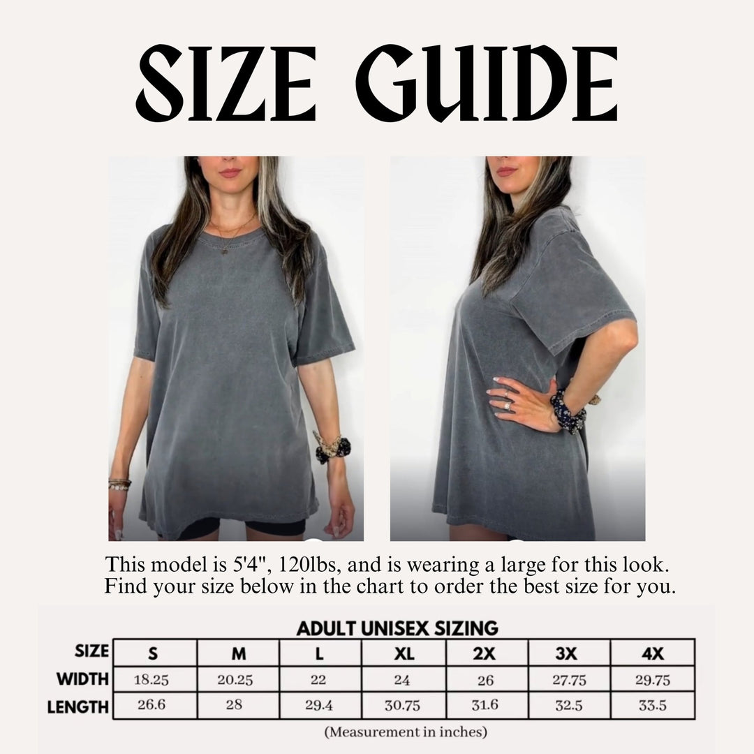Size guide for a gray t-shirt with a model wearing it and a chart below.