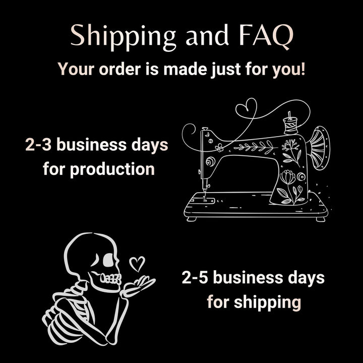 Diagram showing a skeleton with a heart next to a sewing machine, indicating shipping and production times.