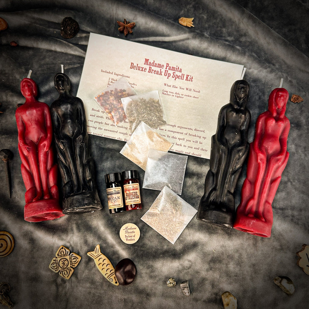 Deluxe Break Up Candle Spell Kit with open instruction sheet, red and black candles