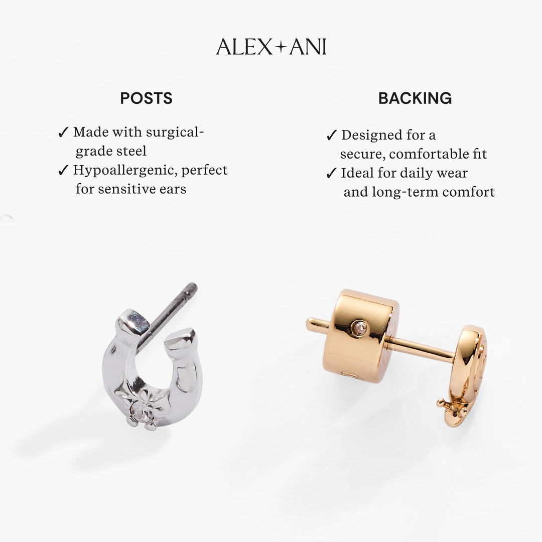 Silver and rose gold hoop earrings with Alex + Ani branding on a white background.