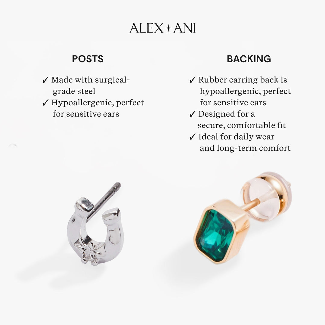 Earring with green gemstone and rose gold backing, featuring Alex+Ani branding.
