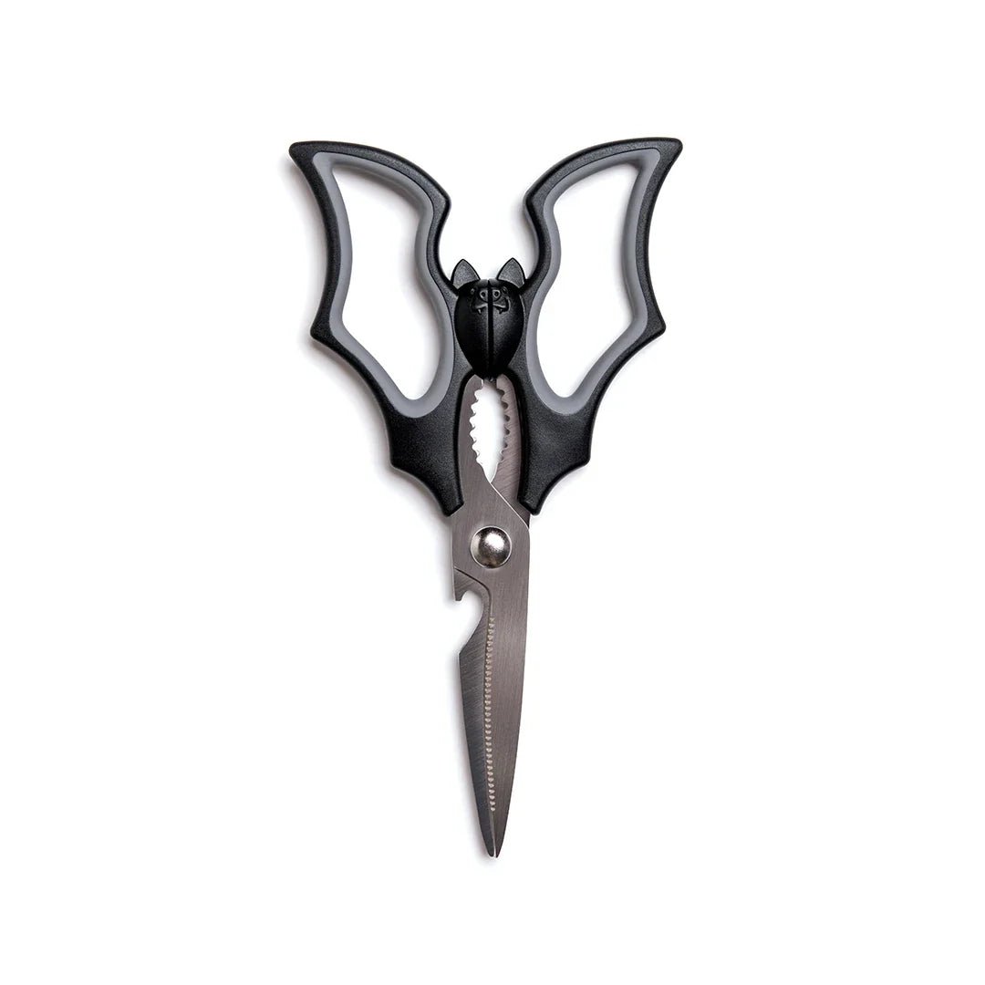 Black and silver bat kitchen shears on a white background