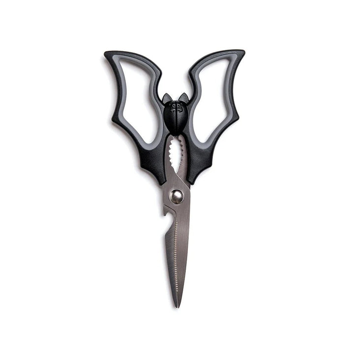 Black and silver bat kitchen shears on a white background