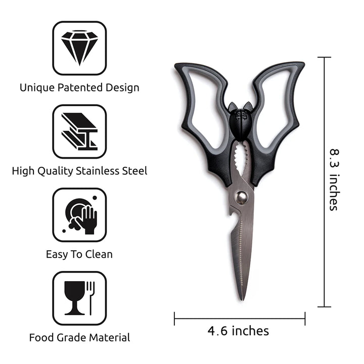 bat kitchen scissors with features listed on a white background
