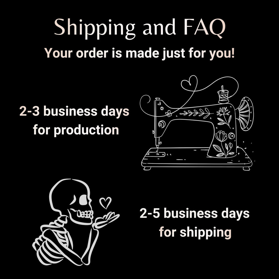Diagram showing a skeleton with a heart next to a sewing machine, indicating shipping and production times.