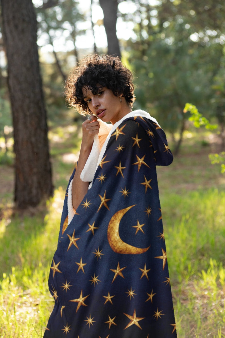 Gold Stars and Moon Hooded Blanket - The Pagan Grimoire