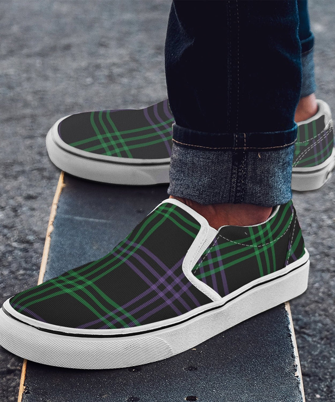 Green and Purple Plaid Slip Ons - The Pagan Grimoire