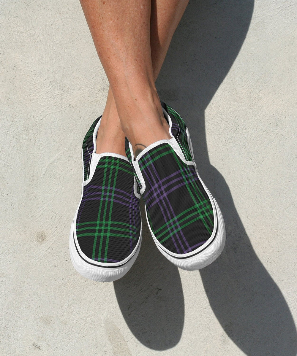 Green and Purple Plaid Slip Ons - The Pagan Grimoire