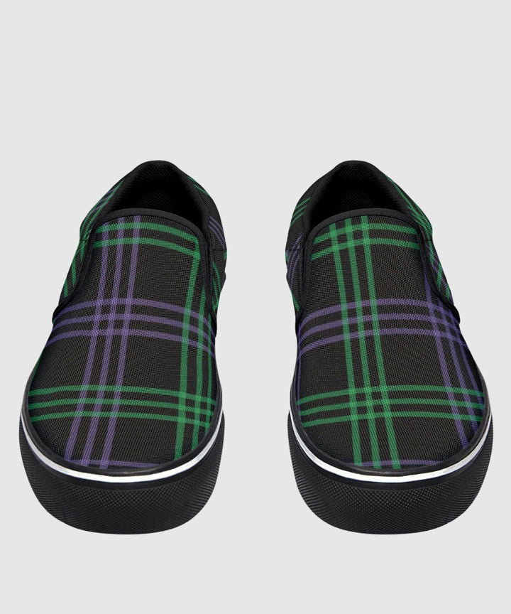Green and Purple Plaid Slip Ons - The Pagan Grimoire