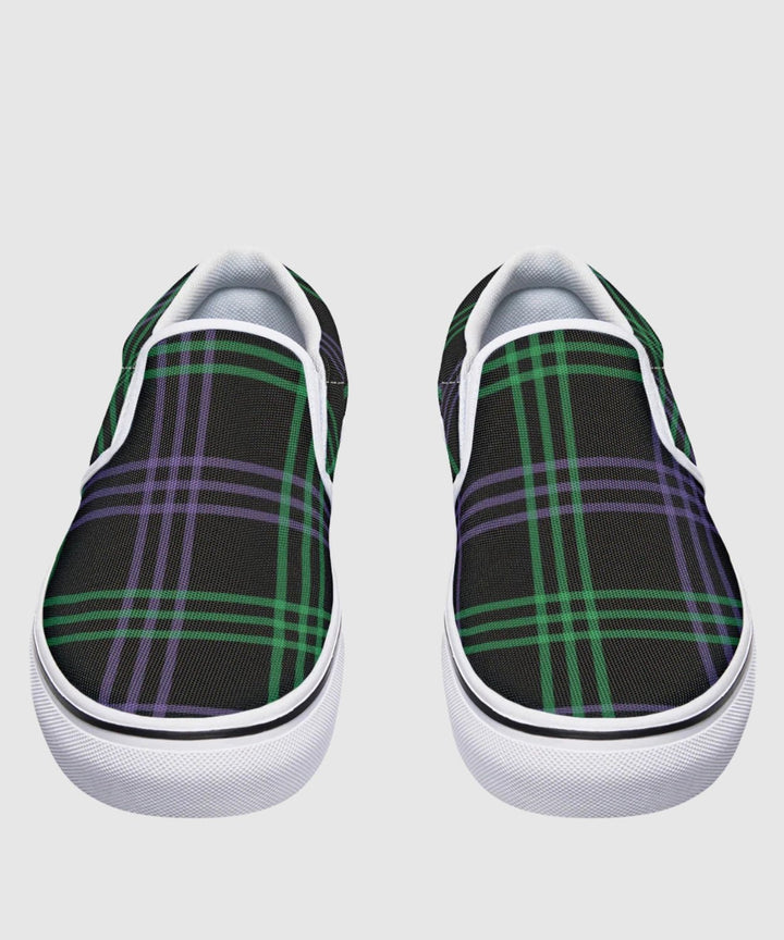 Green and Purple Plaid Slip Ons - The Pagan Grimoire