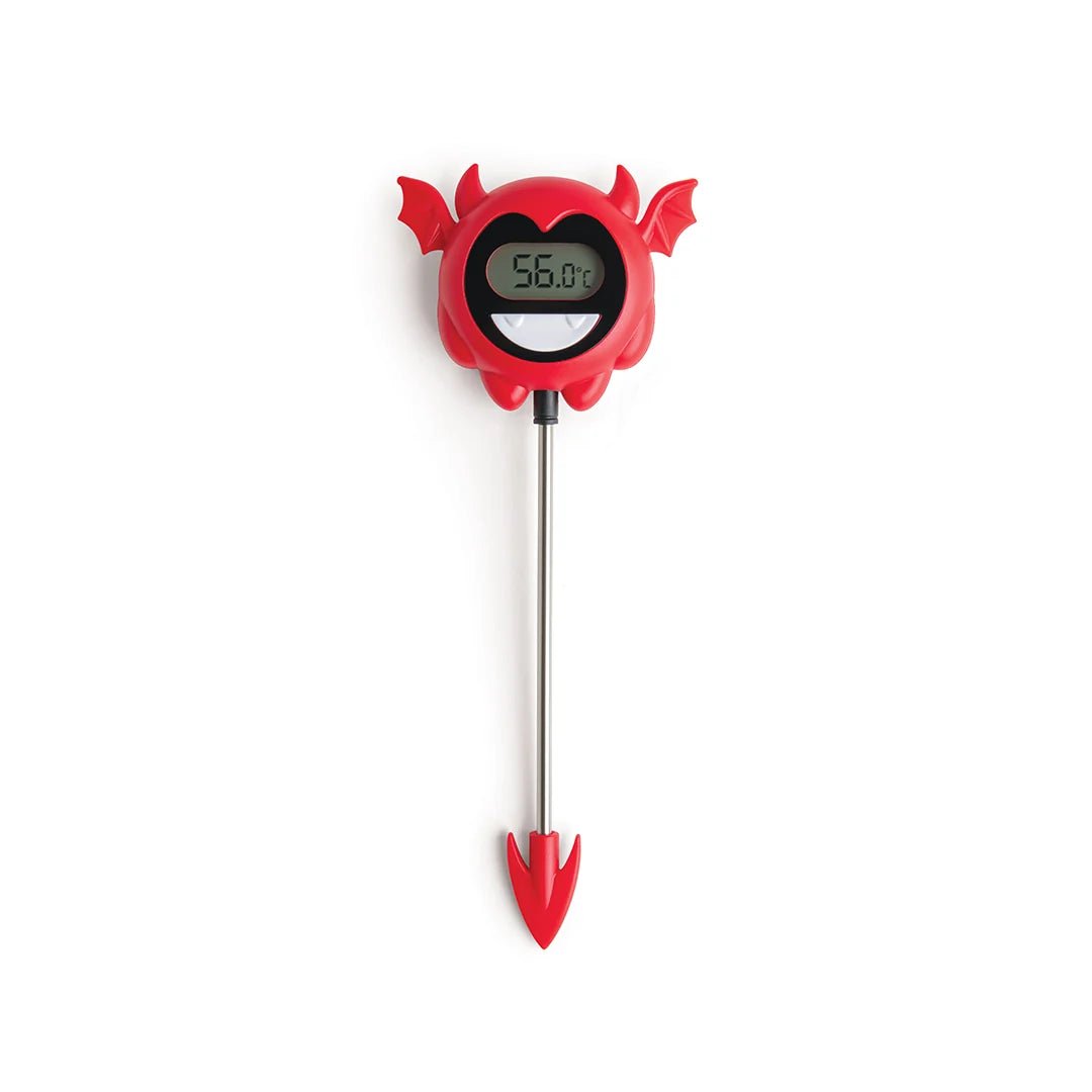 A red devil-shaped digital probe thermometer with a long silver metal stem, shown against a plain white background.