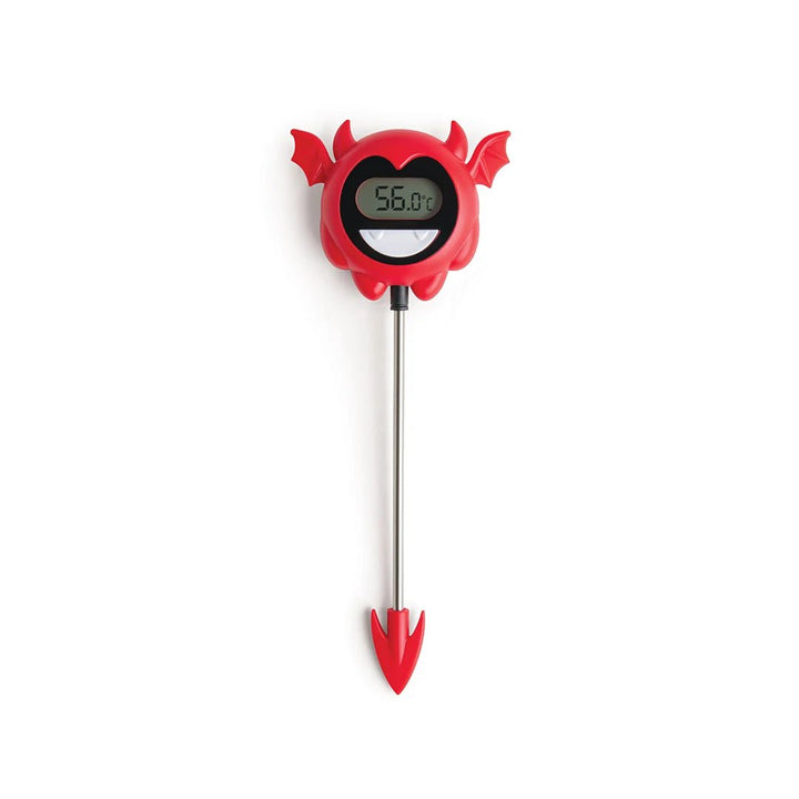 A red devil-shaped digital probe thermometer with a long silver metal stem, shown against a plain white background.