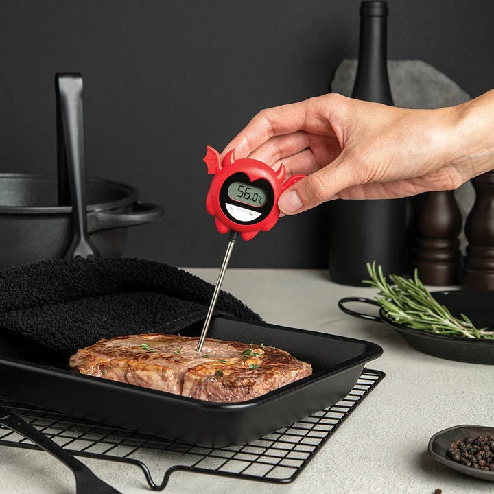 Hand using a digital meat thermometer to check the temperature of a steak on a grill.