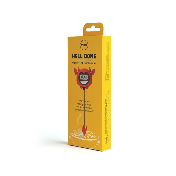 Yellow packaging of a digital food thermometer with branding and product illustration.